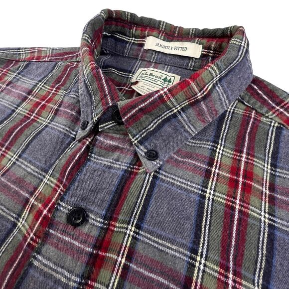 LL Bean Flannel Shirt Men M Gray Maroon Plaid Slightly Fitted Cotton Button Down - Picture 1 of 9